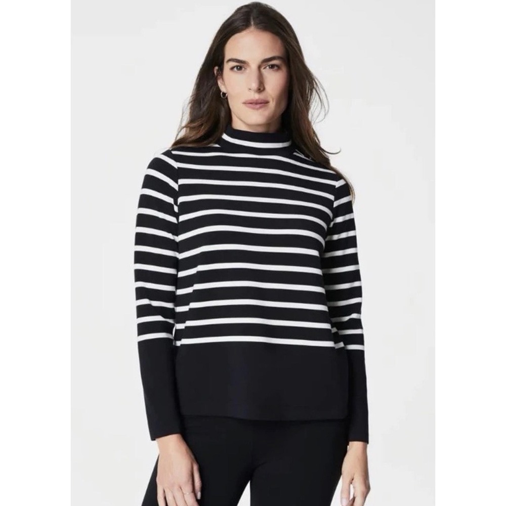 SPANX AirEssentials Mock Neck Striped Long Sleeve Pullover Black White Size XL